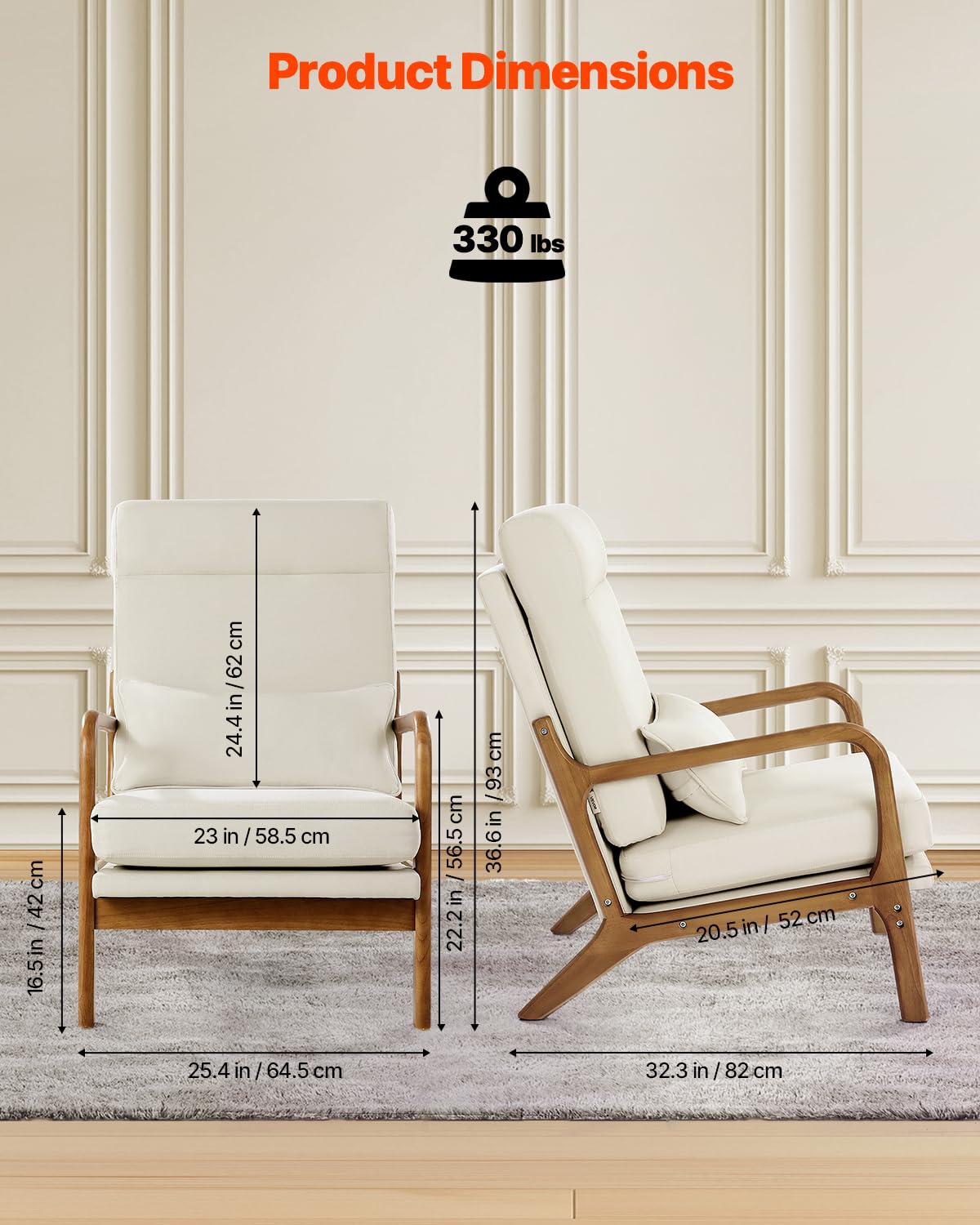 VEVOR Accent Chair, High Back Mid Century Modern Armchair with Solid Wood Frame and Non-Slip Legs, Upholstered Leisure Chair with Linen Fabric and 5.3 in Thickened Cushion, for Living Room, Bedroom VEVOR