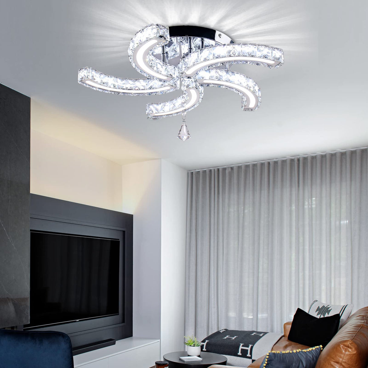 Cainjiazh Modern Crystal Chandeliers Acrylic Crystal Led Ceiling Light Fixtures Arm Pendant Lighting Stainless Steel Ceiling Lamp Hanging Lights for Living Room Dining Room Bedroom (Cold White) Cainjiazh