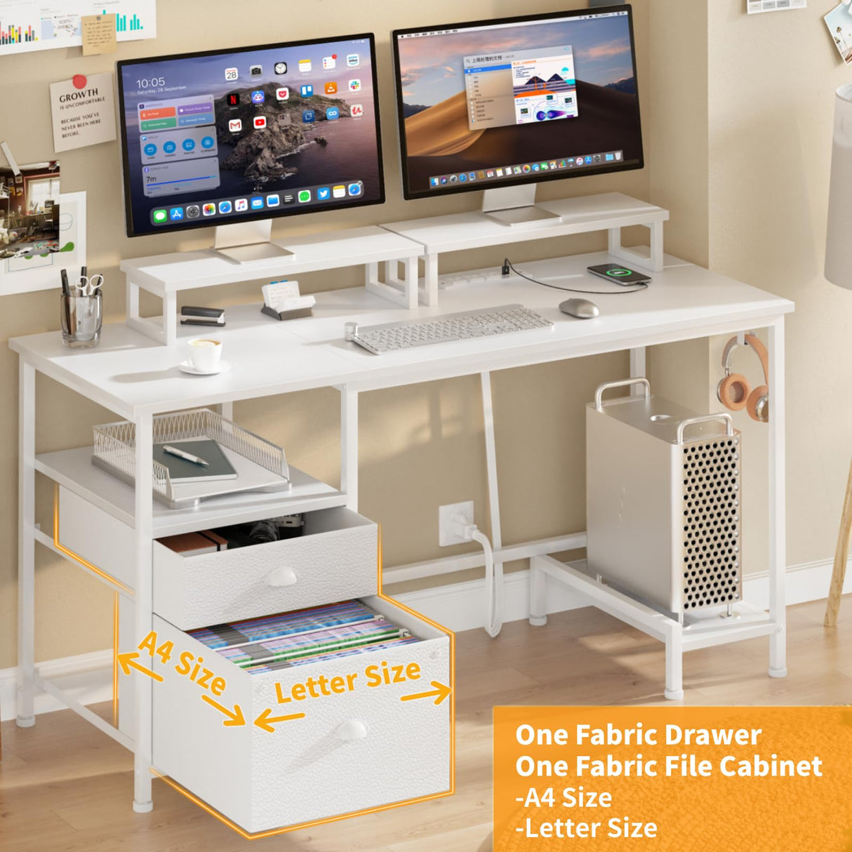 Furologee White Computer Desk with Drawer and Power Outlets, 47" Office Desk with 2 Monitor Stands and Fabric File Cabinet, Writing Gaming Table with Shelves and 2 Hooks for Home Office Furologee