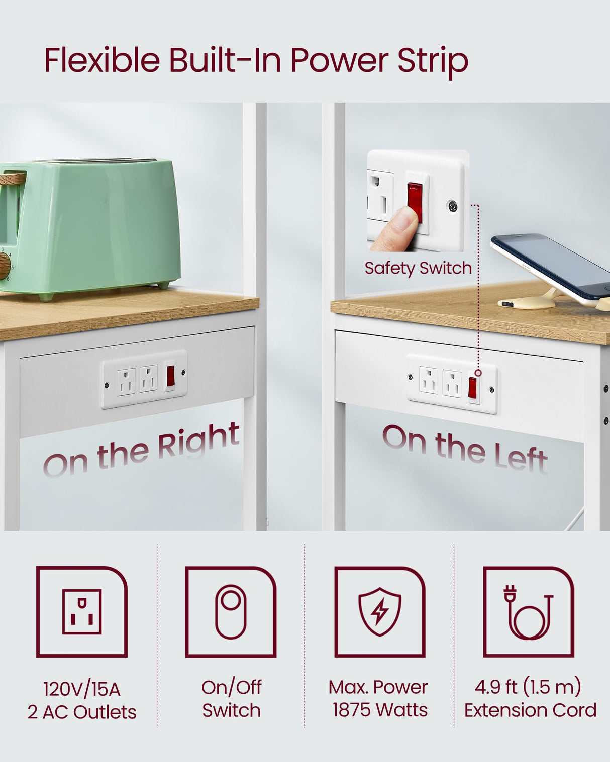 VASAGLE Kitchen Bakers Rack with Power Outlet, Coffee Bar 4-Tier with 8 S Hooks, Microwave Stand, Adjustable Shelf, for Small Spaces, Golden Oak and Cloud White UKKS014Y01V1 VASAGLE