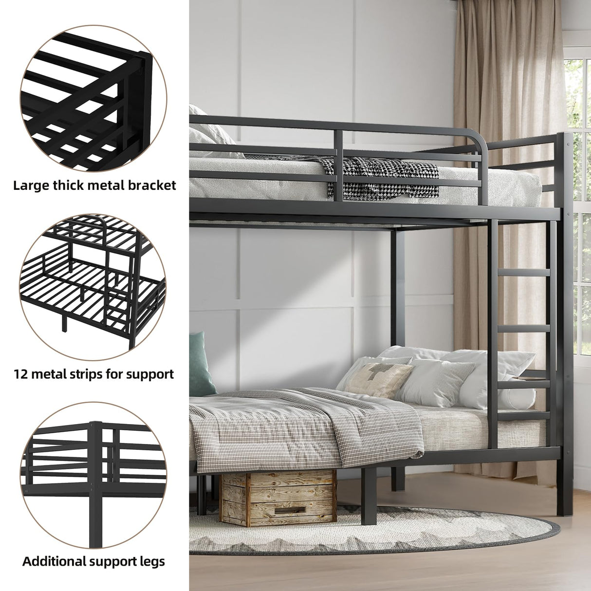 HKOLIE Full Over Full Bunk Bed, Metal Bunk Bed Frame Heavy Duty Bunk Beds Loft Bed Frame with Ladder and Guardrail Metal Slats No Box Spring Required for Adults Teens, Black HKOLIE