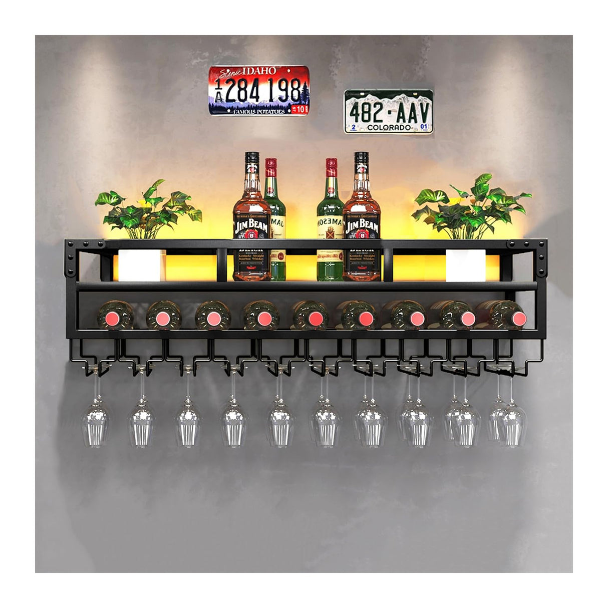 Pengfei LED Wine Rack Wall Mounted, Industrial Metal Wall Wine Shelf & Glass Holder, Large Floating Shelves Wine Bottle Storage Display Rack for Home Bar Dining Room Decor, Black Pengfei