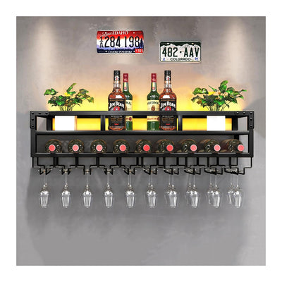 Pengfei LED Wine Rack Wall Mounted, Industrial Metal Wall Wine Shelf & Glass Holder, Large Floating Shelves Wine Bottle Storage Display Rack for Home Bar Dining Room Decor, Black
