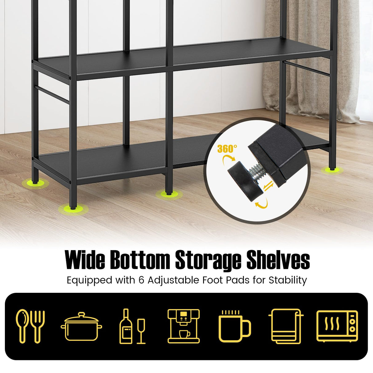 Giantex Bakers Rack with Power Outlets, 5-Tier Coffee Bar Table Organizer w/ 10 S-Shaped Hooks, 63" Large Microwave Stand, Kitchen Utility Storage Shelf for Dining Room, Living Room (Black) Giantex