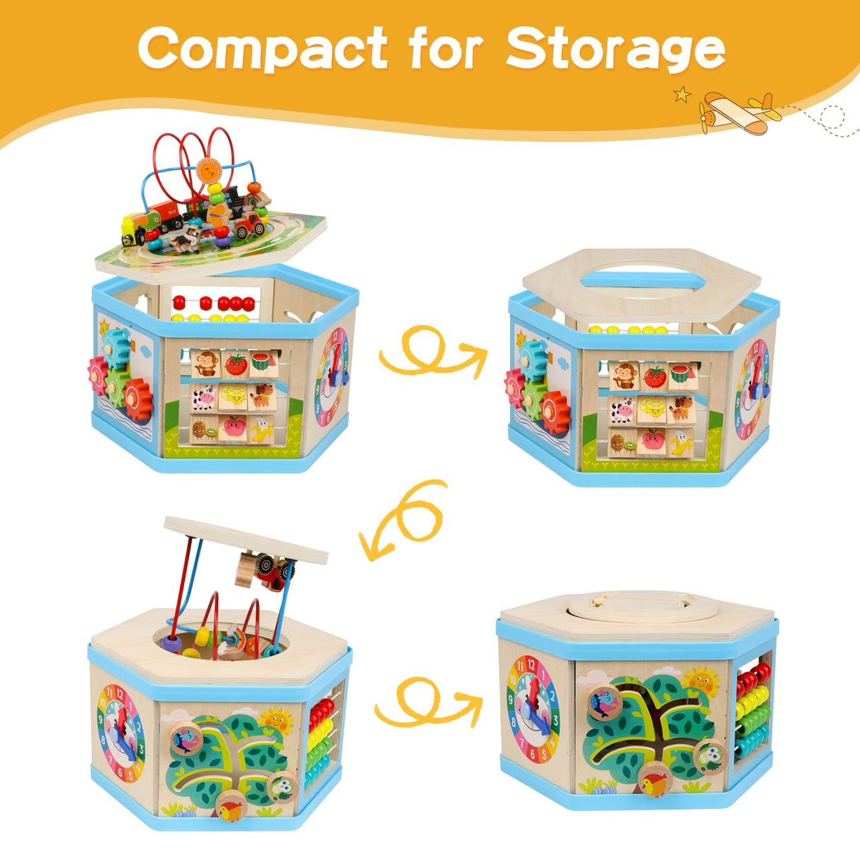 Wooden Activity Cube 9-in-1 Montessori Toys for 1+ Year Old Boys Girls Educational Learning Toys for Toddlers Age 1-2 One Year Old First Birthday Gift Bead Maze Magnetic Trains Track Shape Sorter FOPNETS