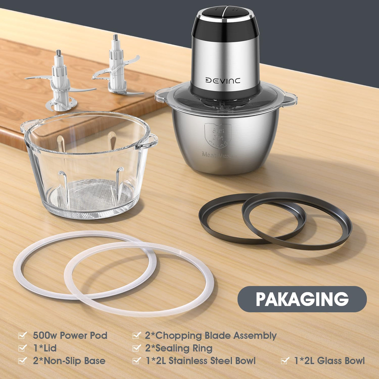 Food Processors, Mini Meat Grinder & Veggie Chopper with 2 Bowls (8 Cup+8 Cup), Electric Food Chopper with 2 Sets of Bi-Level Blades for Meat, Vegetables, Fruits and Nuts DEVINC