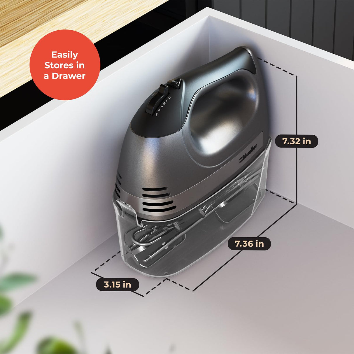 Mueller Electric Hand Mixer, 5 Speed 250W Turbo with Snap-On Storage Case and 4 Stainless Steel Accessories for Easy Whipping, Mixing Cookies, Brownies, Cakes, and Dough Batters Mueller