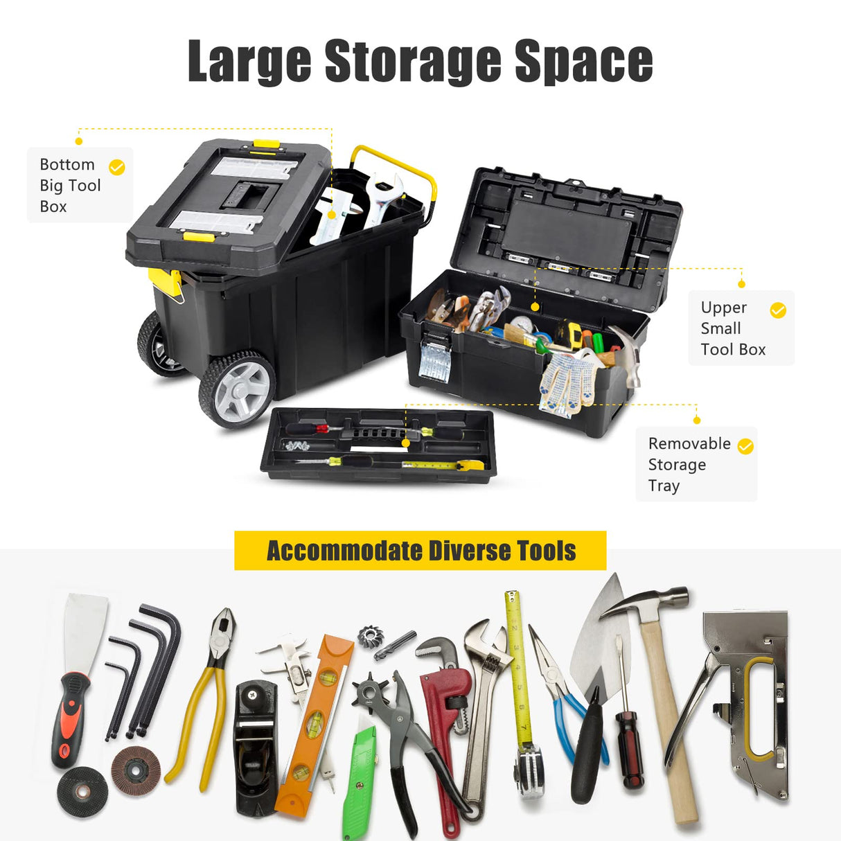 Goplus 2-in-1 Tool Box Portable Rolling Toolbox Storage Solution Multi-Purpose Plastic Organizer Set Mobile Workshop with Wheels Goplus