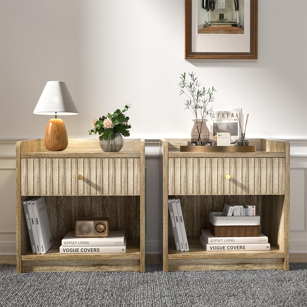 Nidouillet Nightstands Set of 2, Bedside Tables with Drawer, Night Stand Bed Side End Table with Open Storage for Farmhouse Bedroom Living Room Small Space Nidouillet