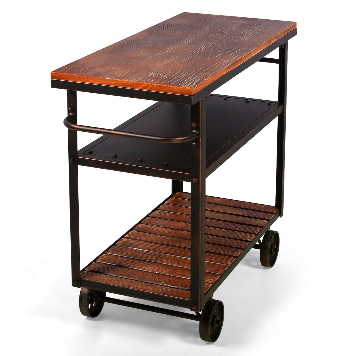 Industrial Bar Cart, Serving Cart with Wheels and Handle, 3-Tier Beverage Metal Cart with Removable Tray and Storage Shelves for Living Room Kitchen, Rustic Copper Topower