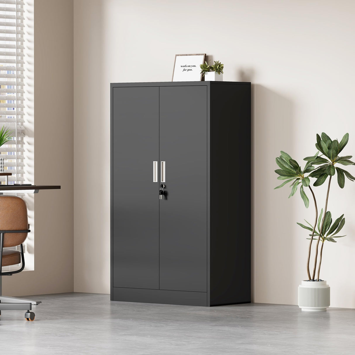 JINKUR Metal Storage Cabinet with Locking Doors and 3 Adjustable Shelves, Lockable Storage Cabinets for Home Office Garage Kitchen Pantry (Black) JINKUR