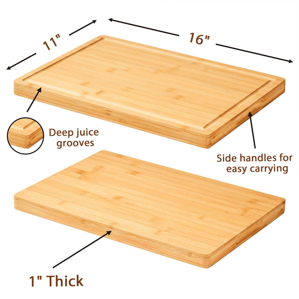 Bamboo Wood Cutting Boards for Kitchen, 1" Thick Charcuterie Boards, Butcher Block with Juice Grooves & Handles Allsum