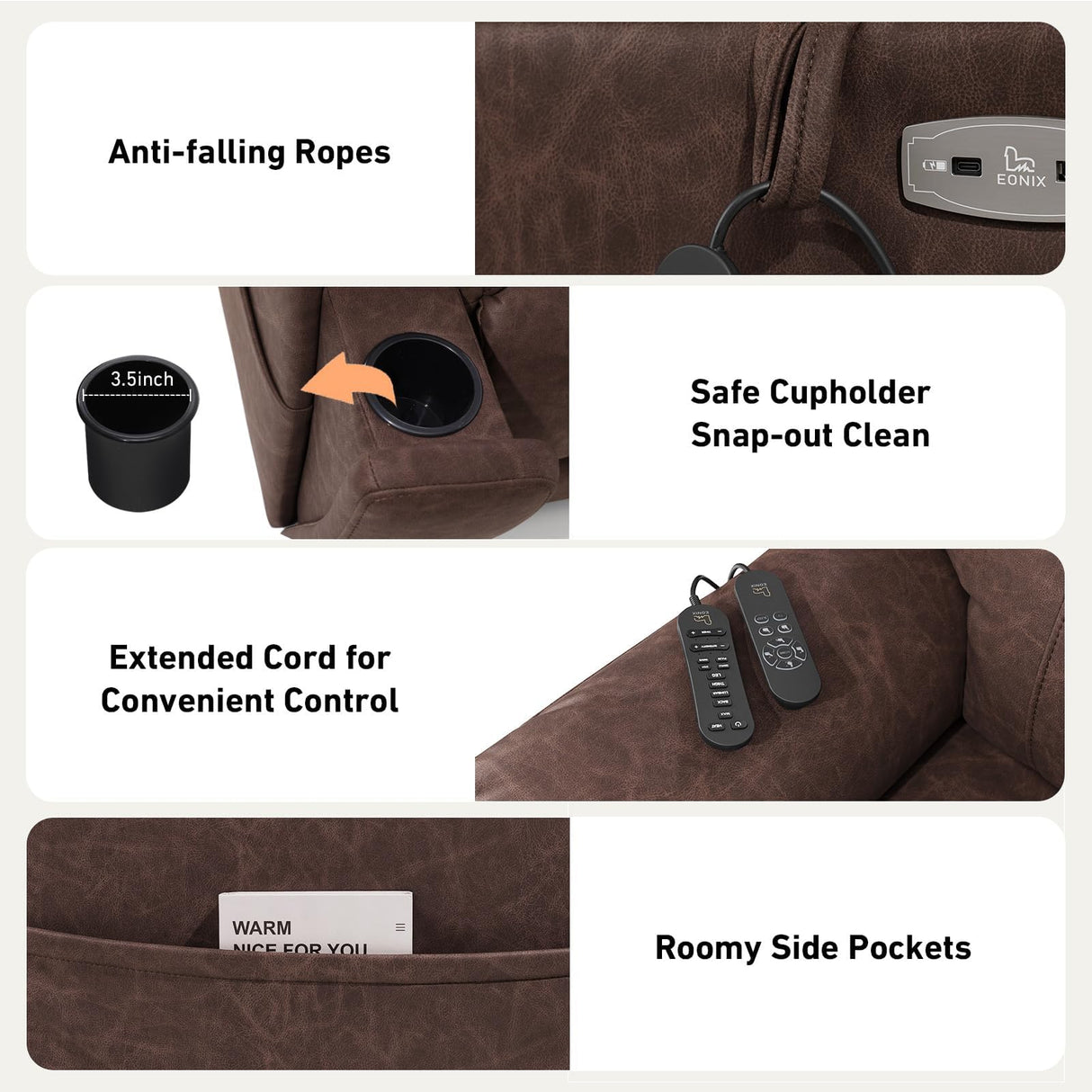 EONIX Triple Motor Lay Flat Power Lift Recliner Chair for Elderly, 400lbs Large Electirc Lift Chair for Living Room, Independent Adjustable Lumbar, Extended Footrest, Hidden Cup Holders, Dark Brown EONIX