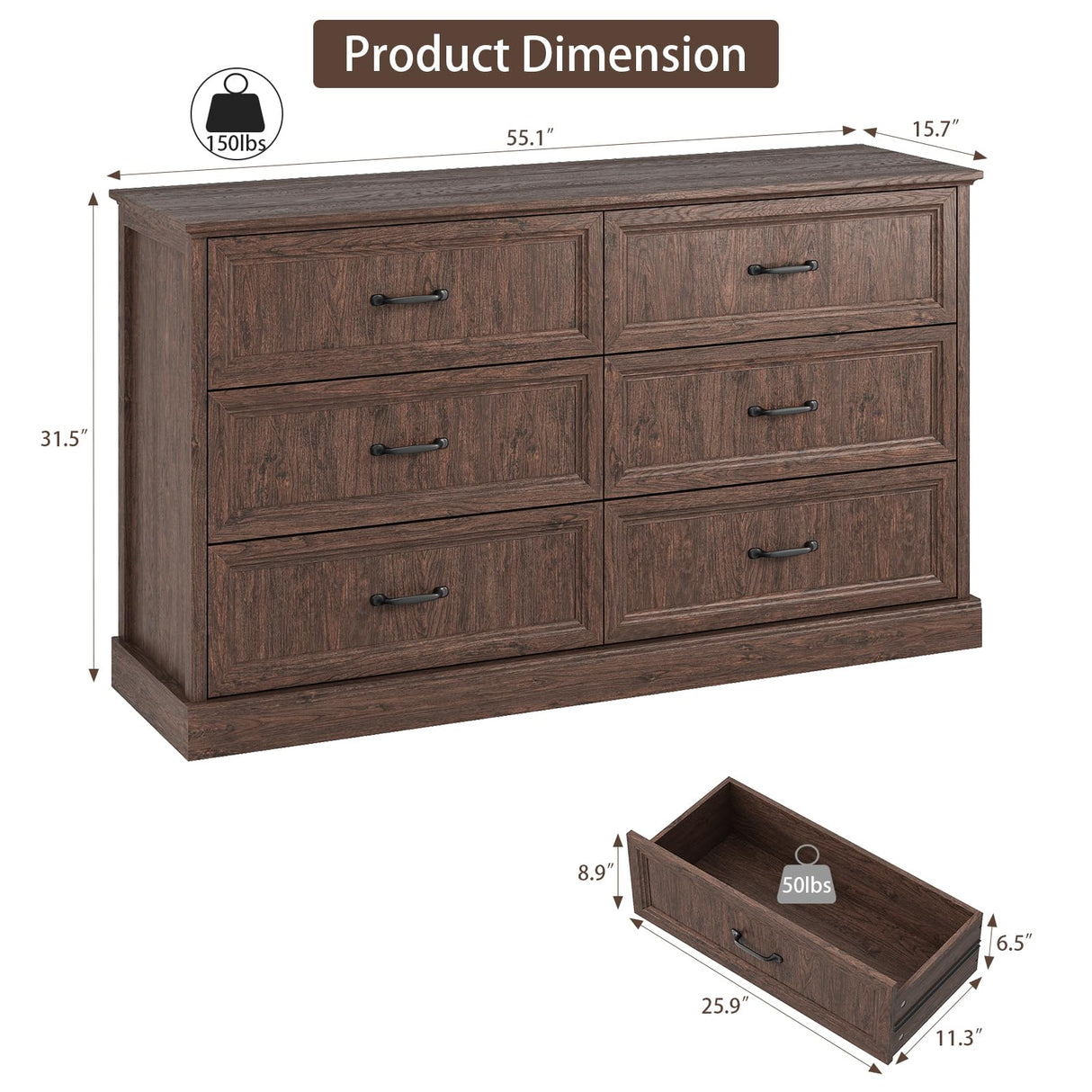 Farmhouse 6 Drawer Dresser for Bedroom, 55 Inch Wide Modern Brown Dresser TV Stand with Large Drawers & Bar Handles, Rustic Wood Chest of Drawers for Bedroom, Living Room, Hallway, Entryway. CARPETNAL