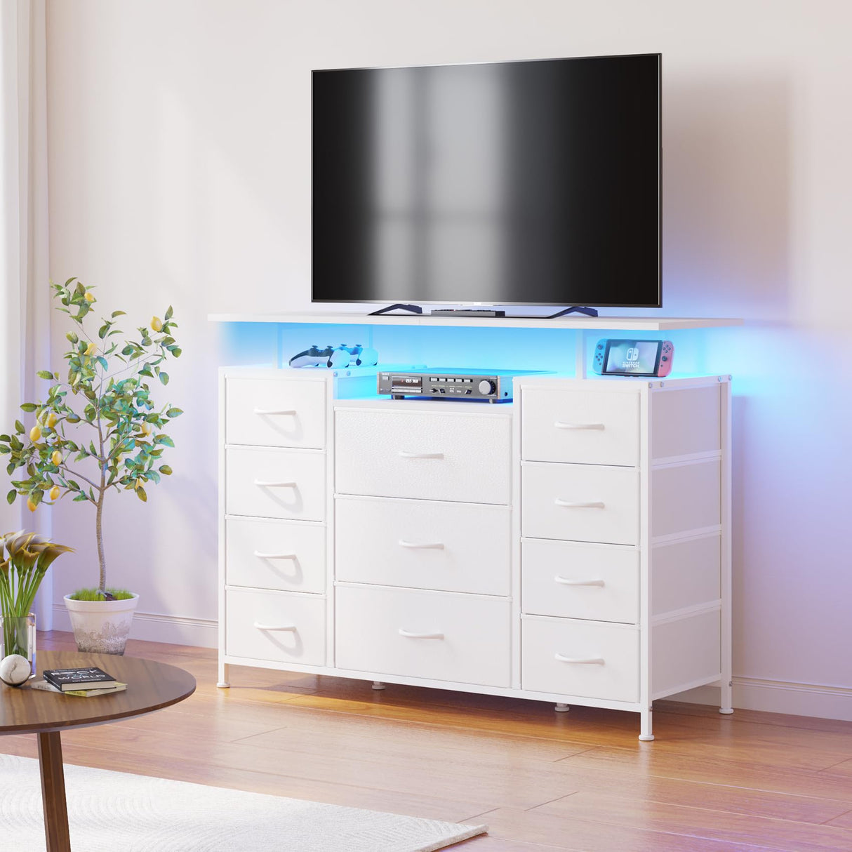 LUMTOK 11 Drawers Dresser with Fabric Drawers,Charging Station, LED Lights and Shelves for Bedroom Storage Organization LUMTOK
