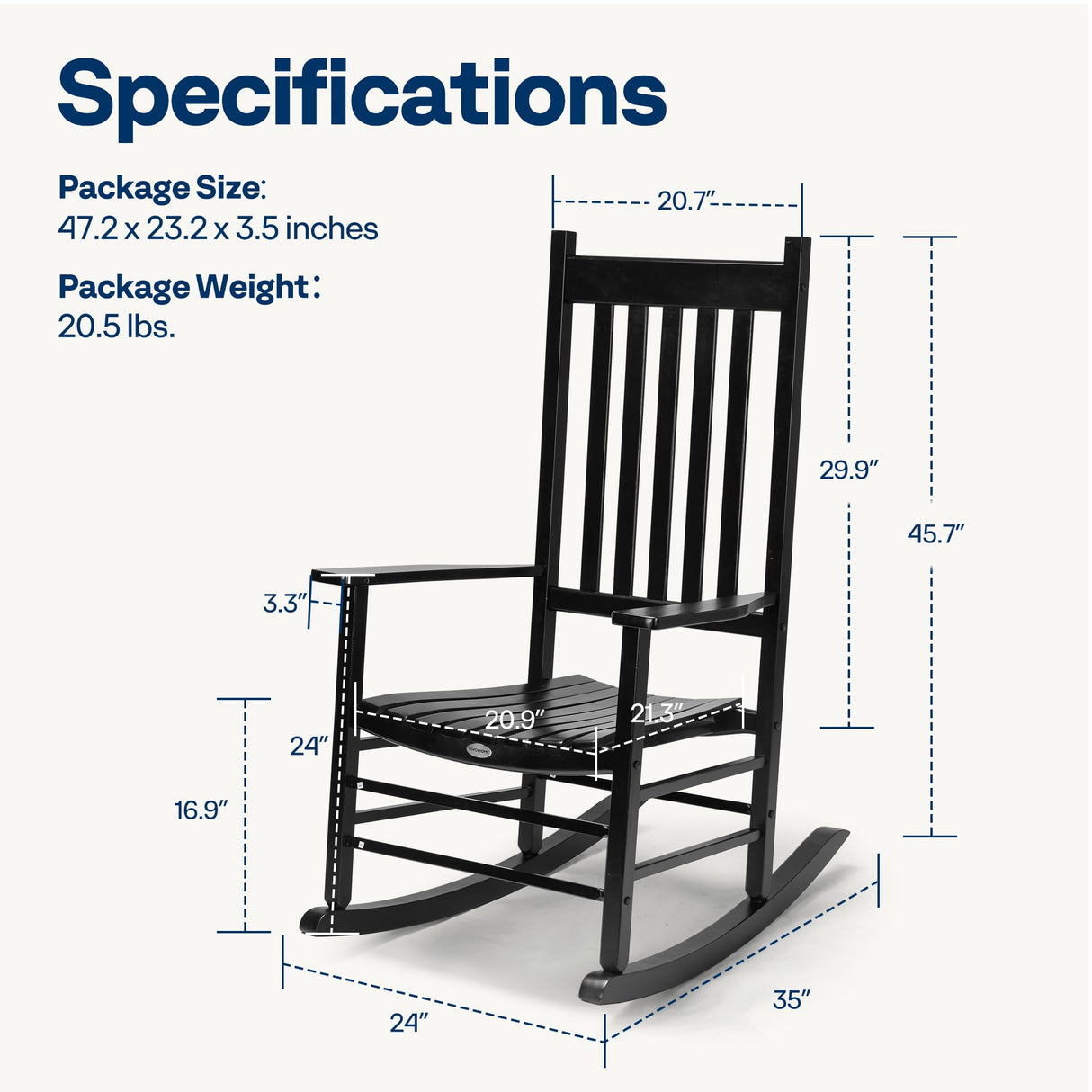 VIVOHOME Oversized Wooden Rocking Chair with Anti-Slip Strips for Noise Reduction, Suitable for Indoor, Porch, Garden, Black VIVOHOME