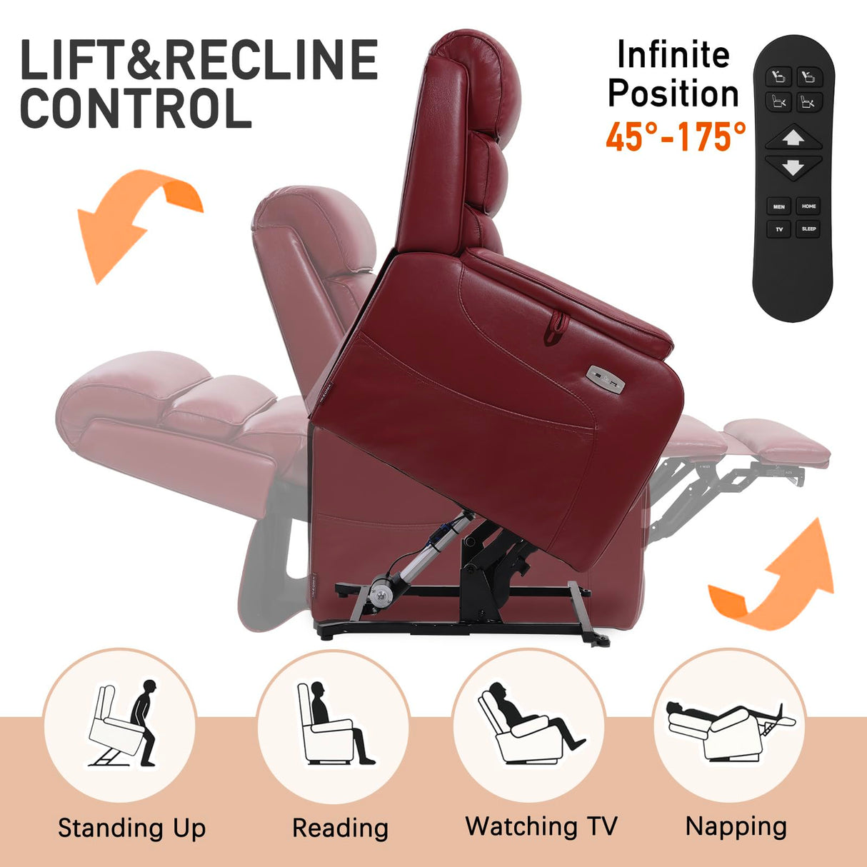 EONIX Dual Motor Lay Flat Power Lift Recliner Chair for Elderly, Breathable Faux Leather Electric Lift Chairs for Adults, 400lbs Heavy Duty Power Recliner with Heat and Massage, SLRY003061, Burgundy EONIX