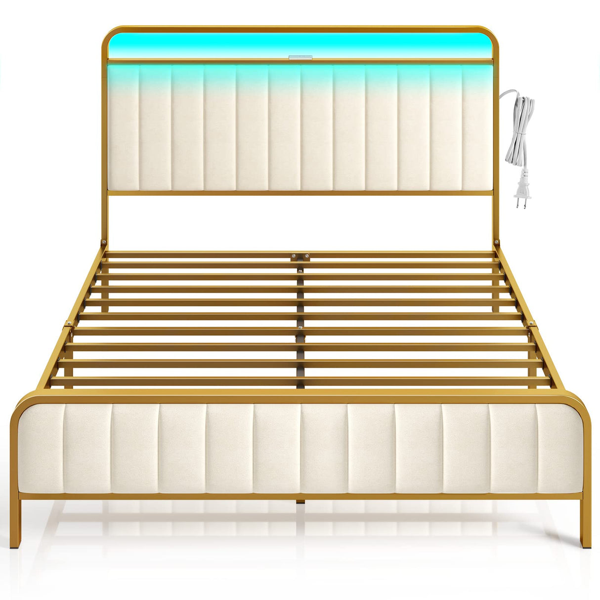 Rolanstar Queen Size Bed Frame with LED Light and Charging Station, Upholstered Headboard and Footboard, Metal Slat, Noise Free, Easy Assembly, Golden Rolanstar