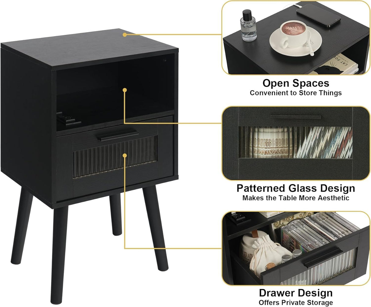 i-VTIES Nightstand with Charging Station,Mid Century Bedside Tables Set of 2, End Table Side Table with Drawer,for Bedroom, Living Room(Black) i-VTIES