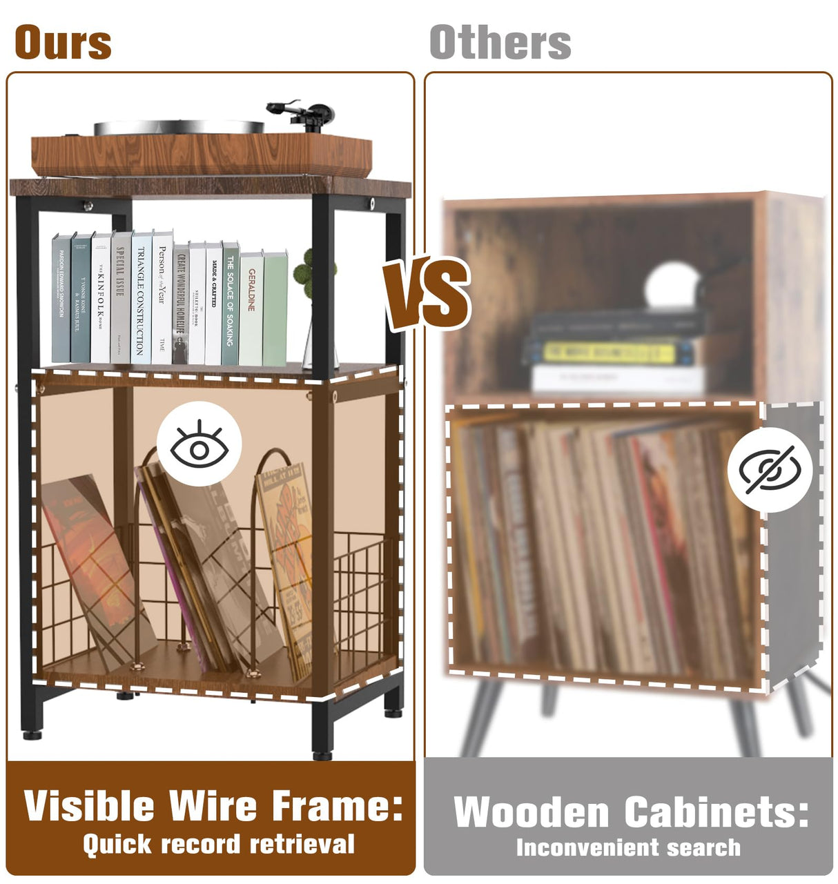 Tuohours Record Player Stand, 3 Tier End Side Table with Vinyl Record Storage Basket, Turntable Table up to 100 Albums Record Shelf Display Holder Cabinet for Living Room, Bedroom, Office Tuohours