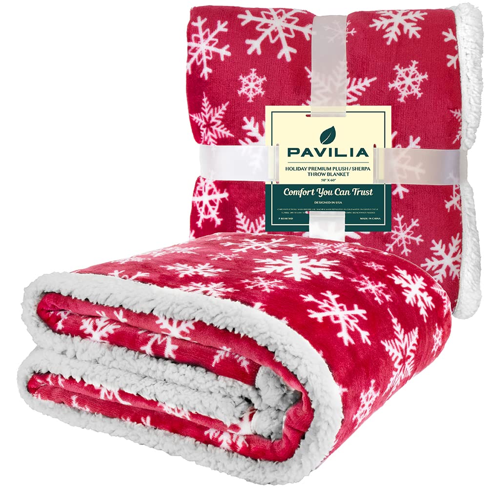 PAVILIA Premium Christmas Sherpa Throw Blanket | Red Snowflake Decoration, Fleece, Plush, Warm, Cozy Reversible Microfiber Holiday Blanket 50 x 60 PAVILIA