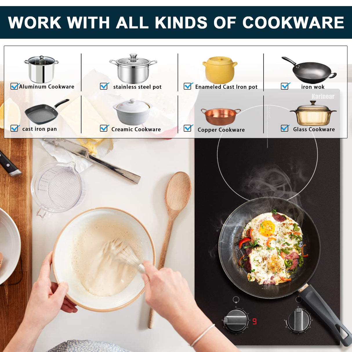 Karinear 110v Electric Cooktop 2 Burners, 12'' Electric Stove Top with Plug in, Knob Control Countertop & Built-in Ceramic Cooktop, 9 Heating Level, Hot Warning, Over-Temperature Protection Karinear