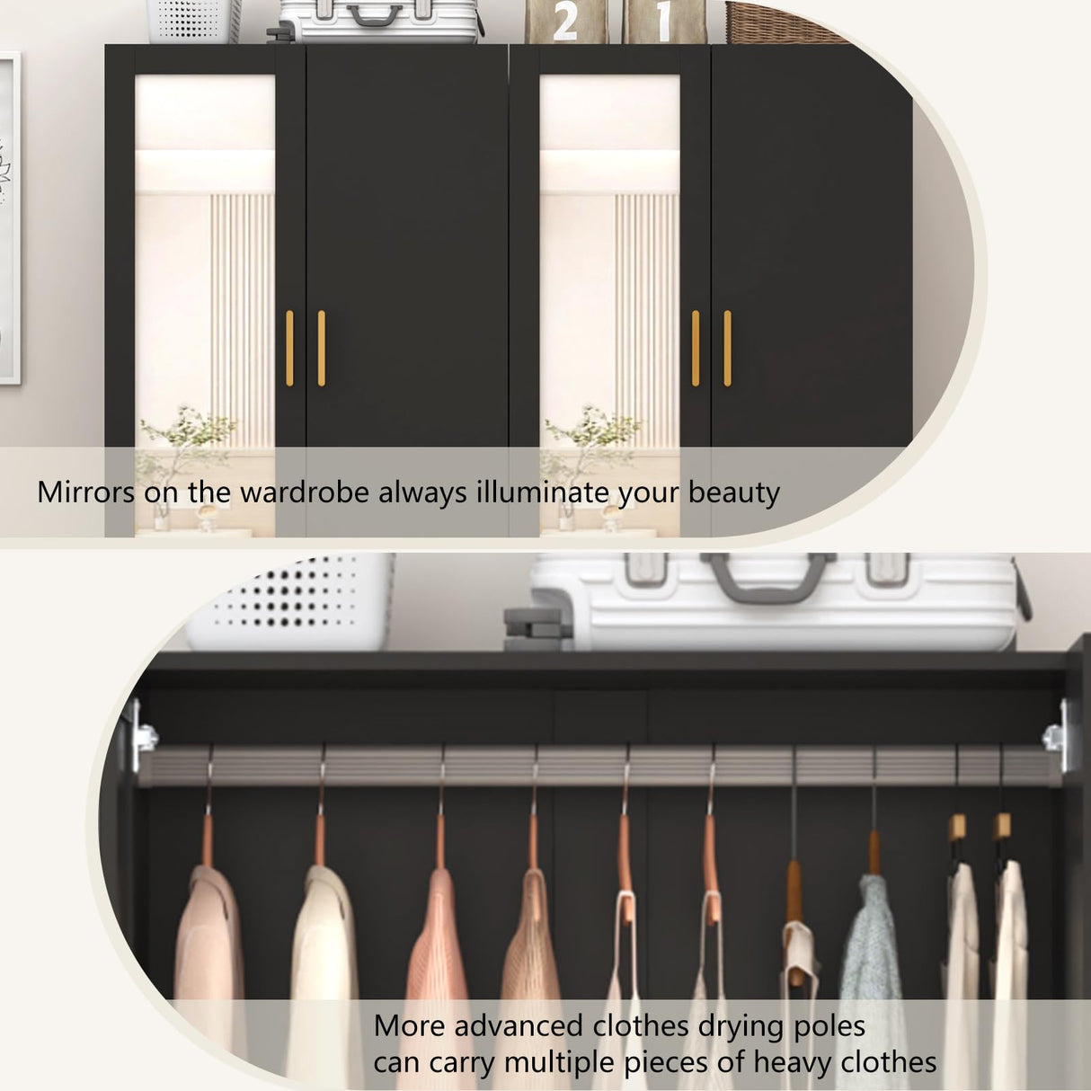 jiteentarou 2 Door Wardrobe Closet with Mirrors and LED Lights, Small Bedroom Armoire with Drawers, Modern Wooden Armoire Wardrobe Closet with Hanging Rod for Bedroom, Black jiteentarou