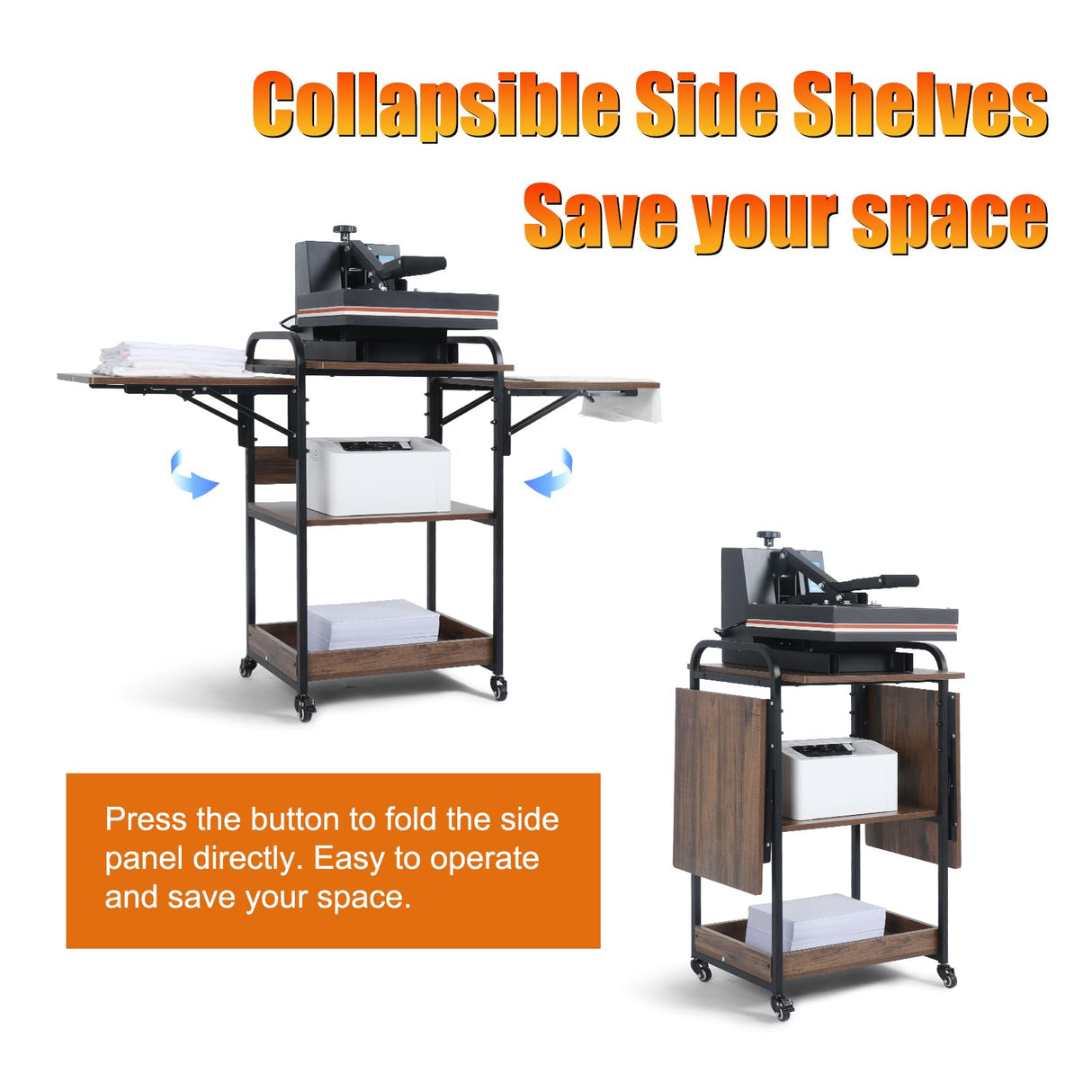 Kokorona 3 Tier Heat Press Table, Movable Heat Press Stand for Storage, Heavy Duty Heat Press Stand with Folding Working Table, Rolling Craft Station for Sublimation Print and Transfer Machine Kokorona