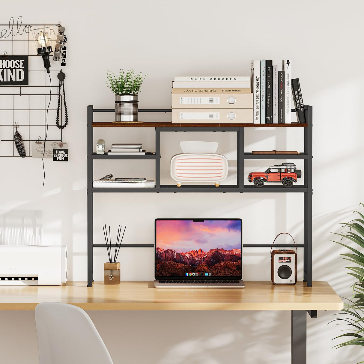 Snughome Desk Shelf, 38.6" Desktop Bookshelf, Desk Hutch Dorm, Countertop Storage Hutch with 5 Shelves for Computer Desk, Multipurpose Wood Desktop Display Organizer Rack for Home Office Dorm Snughome