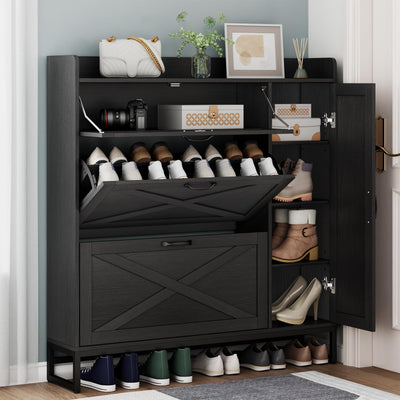 Auromie Free Standing Shoe Organizer with 2 Flip Drawers and Side Cabinet, Entryway Narrow Shoe Storage with Door for Hallway and Living Room (Black Plus)
