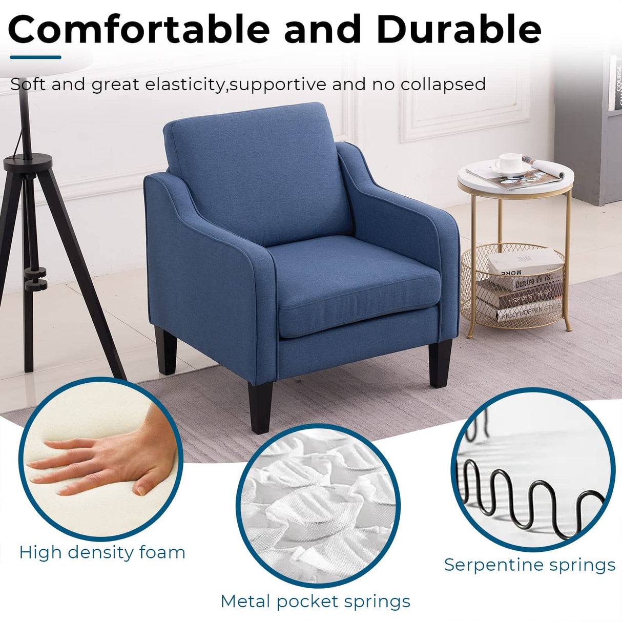 VINGLI Mid Century Modern Accent Chair,Navy Blue Fabric for Living Room Upholstered Armchair with Scooped Arms for Bedroom,Apartment,Studio,Office,Waiting Room VINGLI