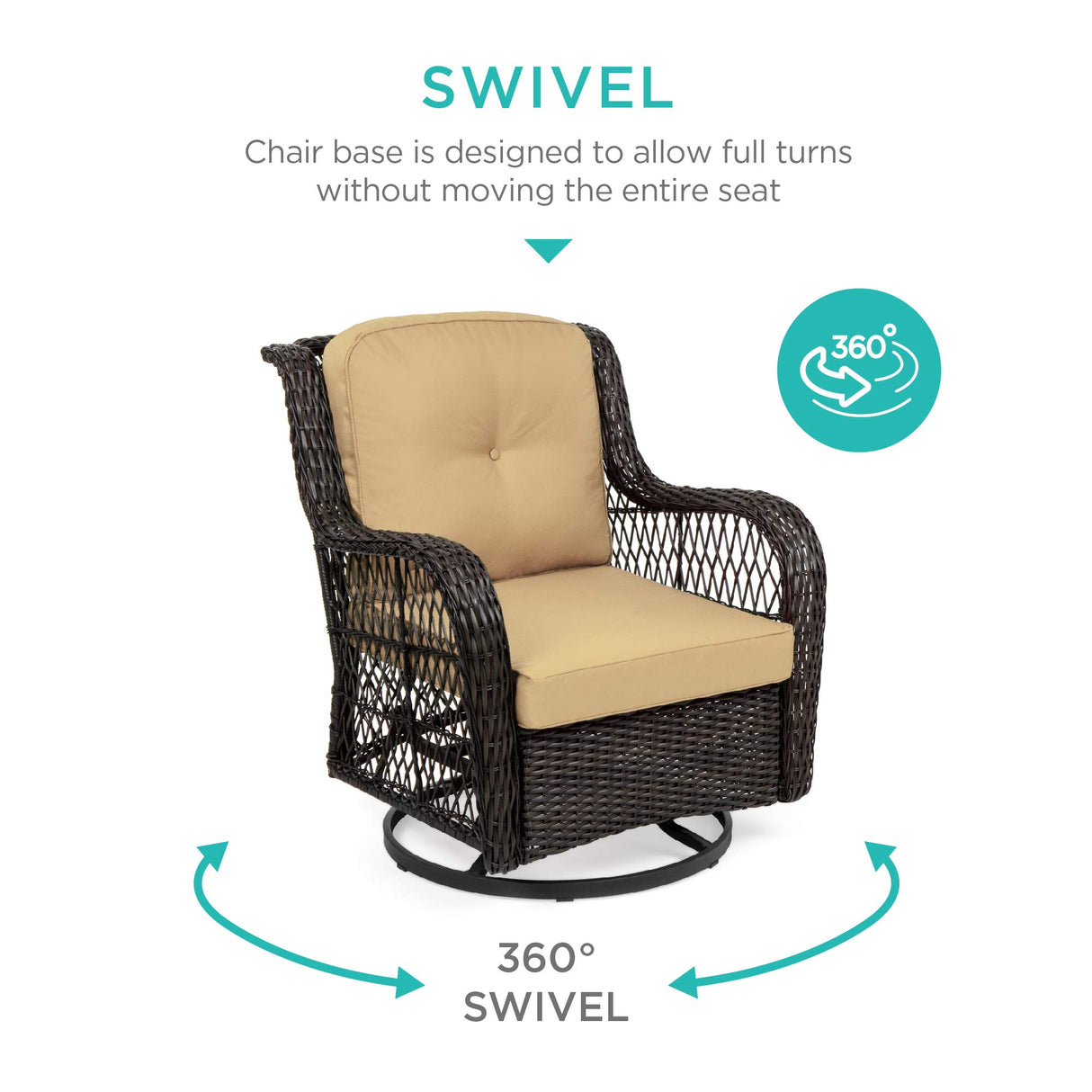 Best Choice Products 3-Piece Outdoor Wicker Patio Bistro Set w/ 2 360-Degree Swivel Rocking Chairs and Tempered Glass Top Side Table - Beige Best Choice Products