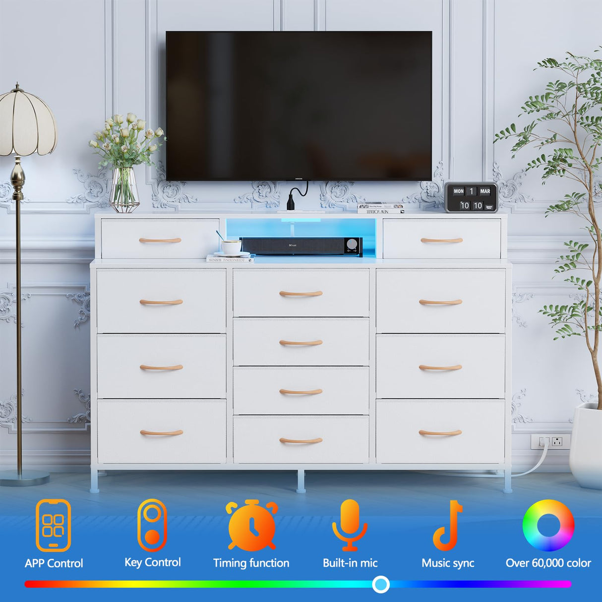 Furnulem White Dresser for Bedroom with LED Lights & Charging Station,55" Long Dressers & Chest of Drawers with 12 Storage Bins, Fabric Furniture for Closet,Hallway,2-Tier Shelf Wood Top,Metal Frame Furnulem