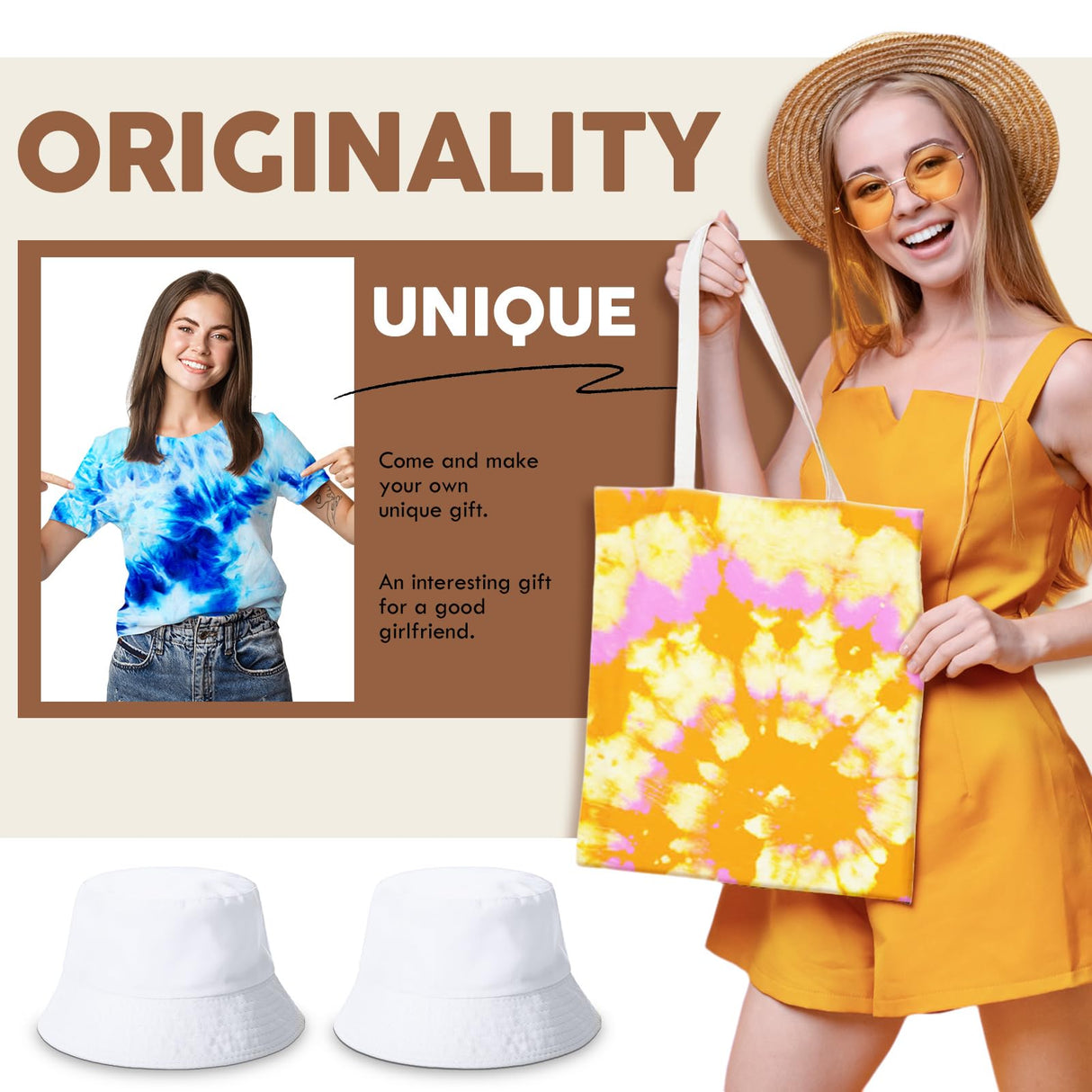 Geyoga 11pcs Sublimation Blanks Softstyle CVC T Shirts Tote Canvas Bags Bucket Hats Scrunchies Drawstring Bags Backpacks Socks Tie Dye Embroidery Kit Geyoga