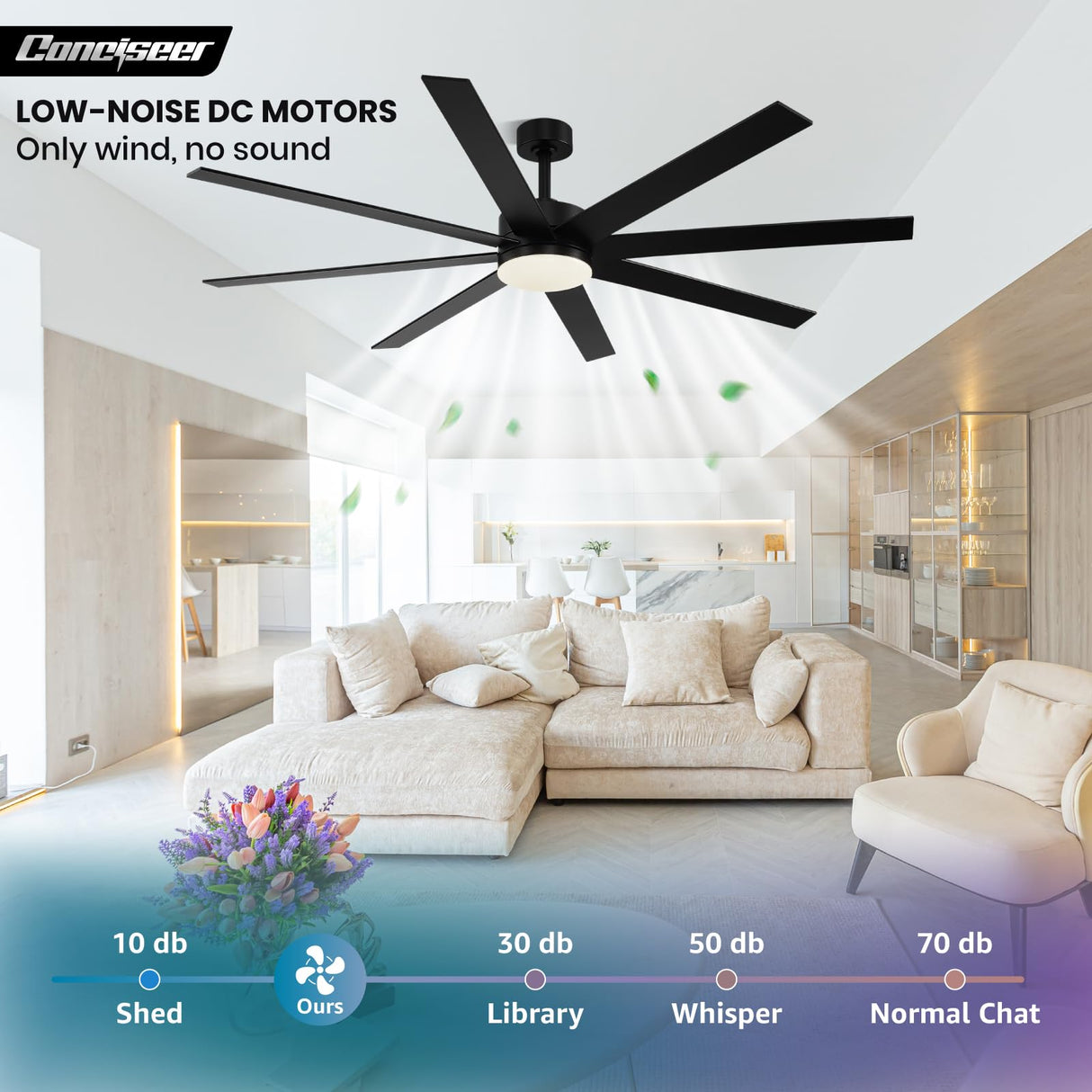 Modern 72 Inch Ceiling Fans with Lights and Remote, Dual Color 8 Blades, Bedroom Living Room Office Library Cafe Outdoor Industrial, 3CCT Dimmable, 6 Speed Reversible Quiet DC Motor, Black/Wood Grain Conciseer