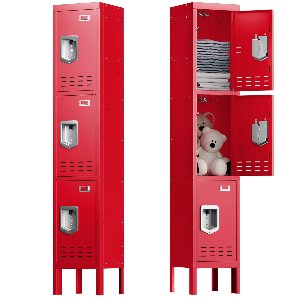 Locker Metal Storage Cabinet, Steel Office Storage Lockable Lockers for Employees Kids School Gym Home Garage Locker with Mirror & Hooks (3 Doors, Red) KAER