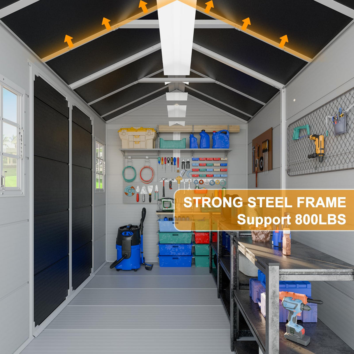 8x6 FT Resin Storage Sheds with Floor and Adjustable Openable Windows, Large Waterproof Garden Sheds with Base, Outside Plastic Sheds with 2 Windows for Backyard Garden Patio Lawn Tools Storage, Gray WELYAS