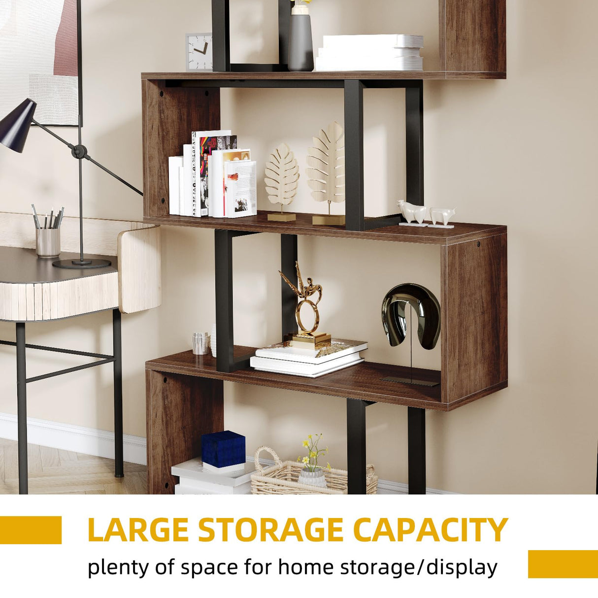 DWVO Geometric Bookshelf, 5-Tier Bookshelf S-Shaped Bookshelves, Industrial Geometric Bookcase Freestanding Multifunctional Storage Shelving for Living Room Home Office, Retro Brown DWVO