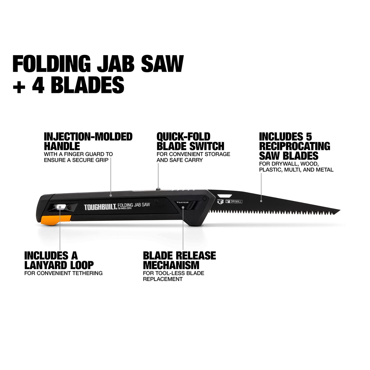 ToughBuilt - Folding Jab/Utility Saw, Drywall Blade w/triple-edge teeth (8 TPI) for faster cutting, + 4 Blades, Quick-fold and blade release mechanism - TB-H4S5-23FU ToughBuilt