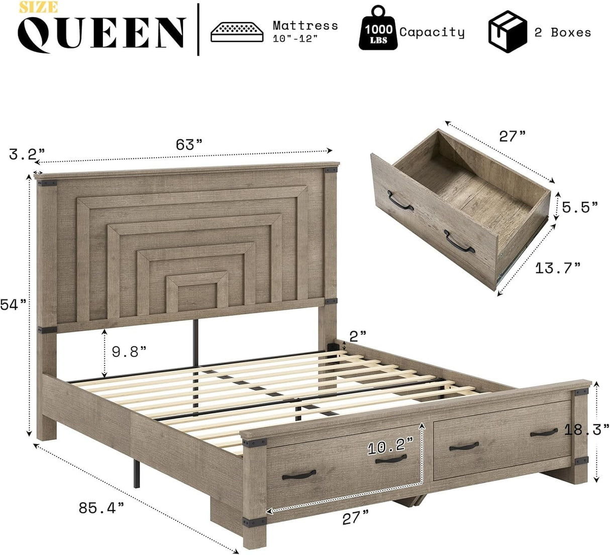 AMERLIFE Farmhouse Queen Bed Frame with 54" Tall Geometric Headboard & Footboard, Rustic Wood Platform Bed Frame with Large Storage Drawers, Wood Slats Support, No Box Spring Needed, Rustic Gray AMERLIFE