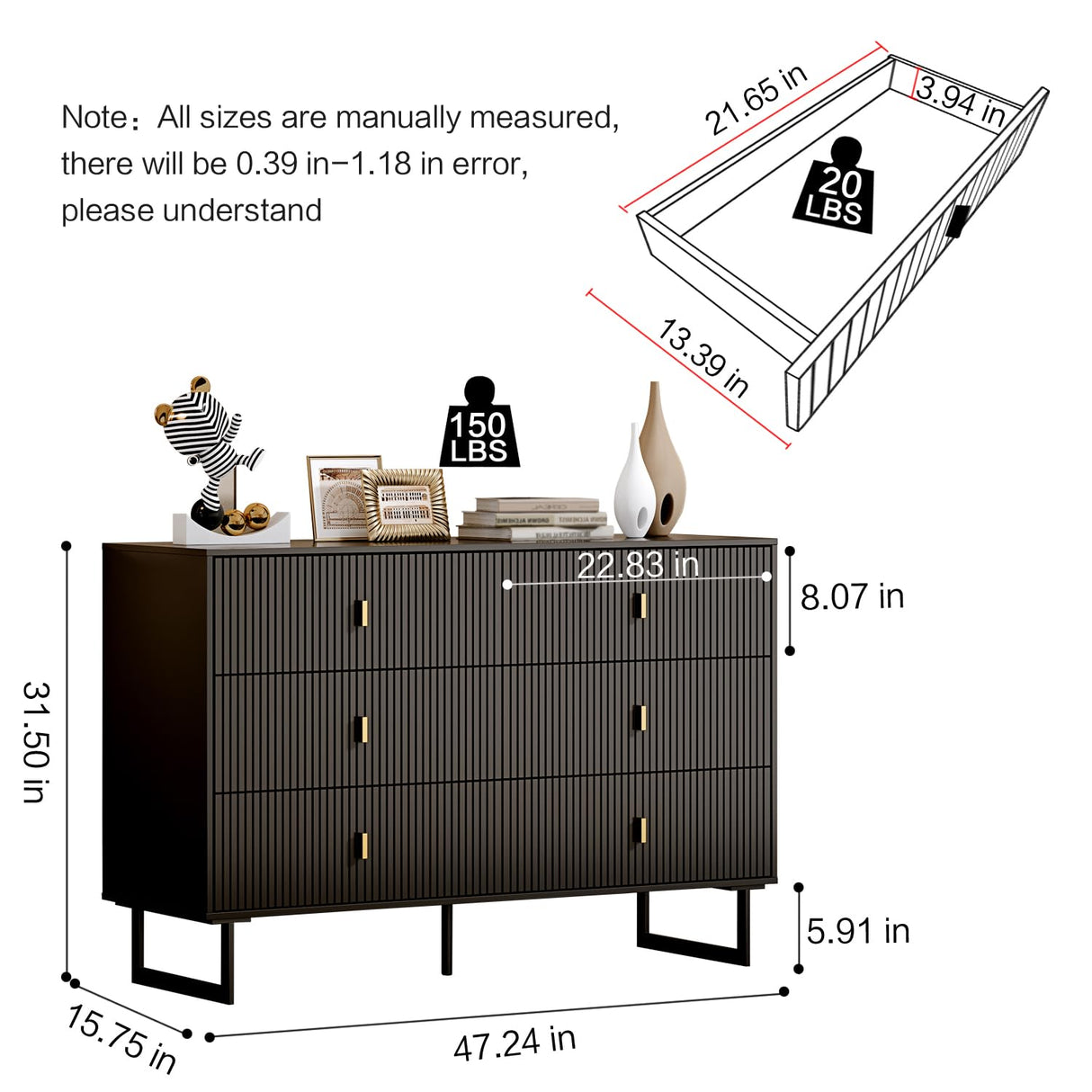 Chrangmay Modern Chest of Drawers with 6 Drawers,Deep Drawers,Clothes Organizer,Large Storage Cabinet for Living Room, Bedroom,Hallway,with Anti-Tipping Device,Black Chrangmay