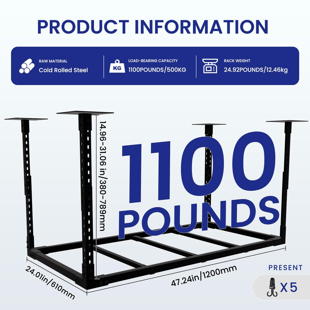 VWZ 2×4' Overhead Garage Storage Rack, Adjustable Garage Ceiling Storage Racks, Heavy Duty Garage Shelving, Garage Hanging Storage Racks with A Load Capacity of up to 1100 Lbs, Black. (Bottomless) VWZ