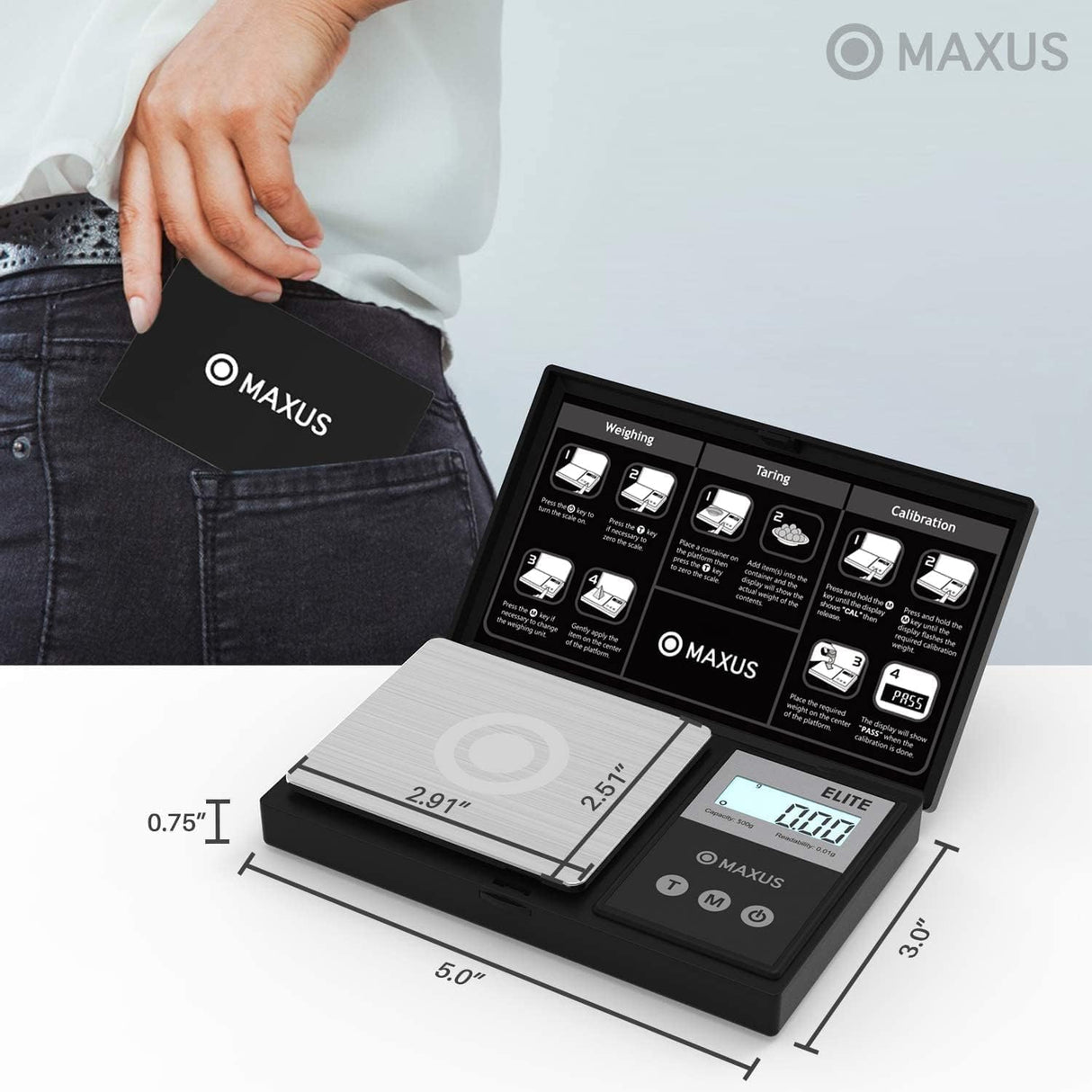 MAXUS Digital Pocket Gram Scale 500g x 0.01g High Precision with Tray, Weighs Small Food, Jewelry, Ounces, Grains, LCD Display, Tare Function MAXUS