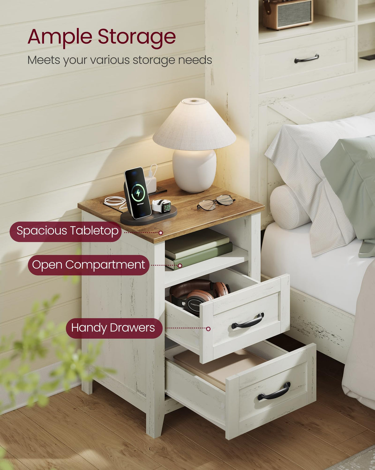 VASAGLE LIRY Collection - Farmhouse Nightstands with Charging Station, Set of 2 Bedside Tables, Side Tables with 2 Drawers, Open Compartment, for Bedroom, Rustic White and Honey Brown ULET869W01 VASAGLE