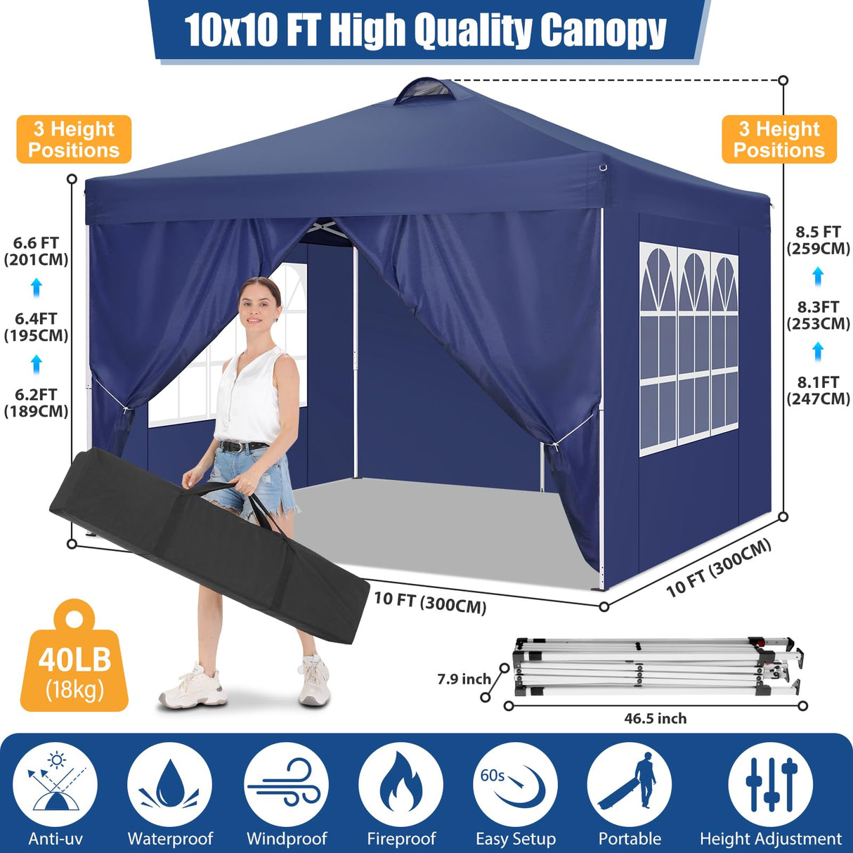 COBIZI 10x10 Pop Up Canopy Tent with 4 Sidewalls, UPF 50+Waterproof Outdoor Canopy with Air Vent, Instant Portable Camping Canopies Gazebo for Commercial Sun Shade Party, 4 Sandbags(Dark Blue) COBIZI