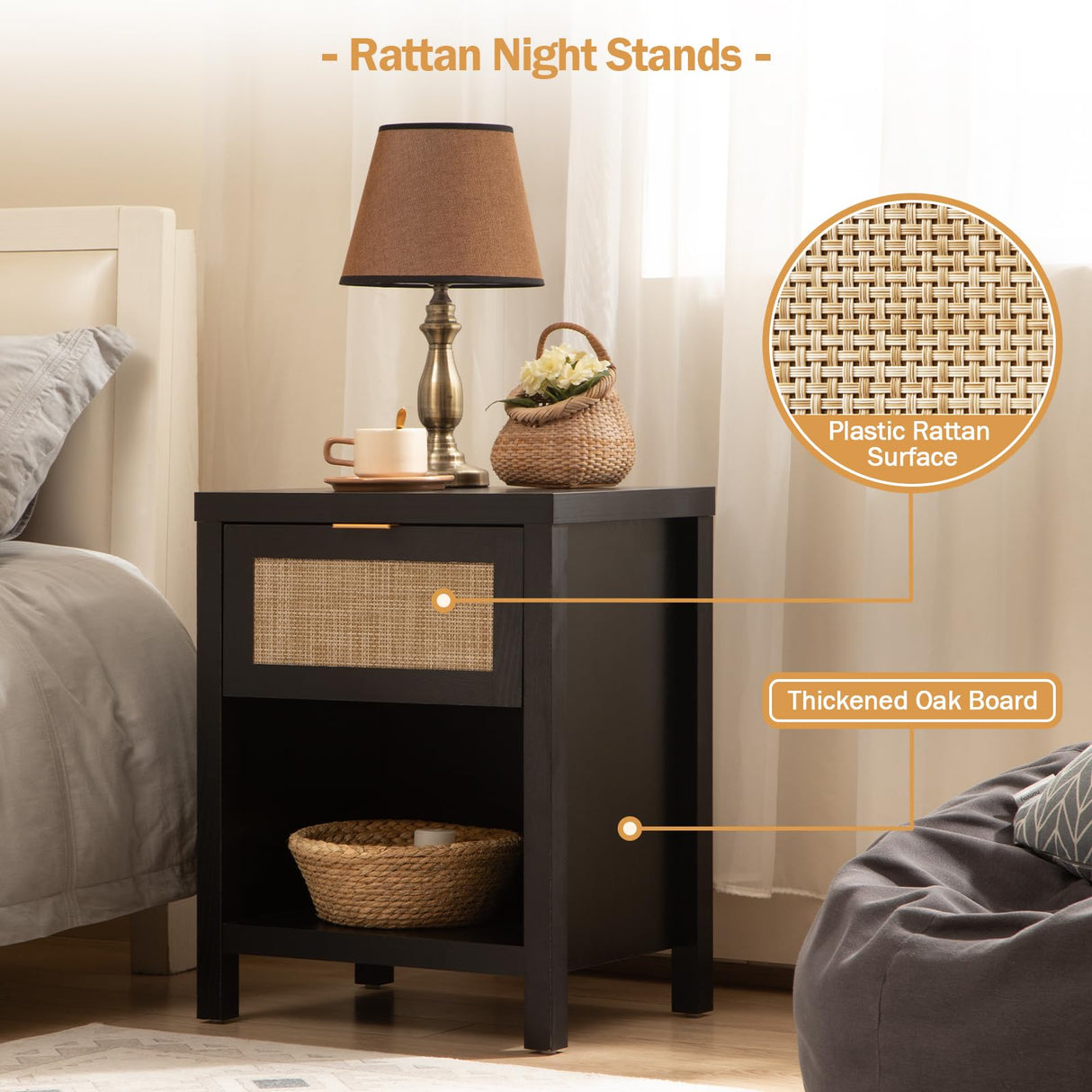 SICOTAS Rattan Night Stands Set of 2, Farmhouse Nightstand Bedside Table with Drawer and Storage Shelf, Boho End Side Table for Bedroom, Small Space, Black Oak SICOTAS