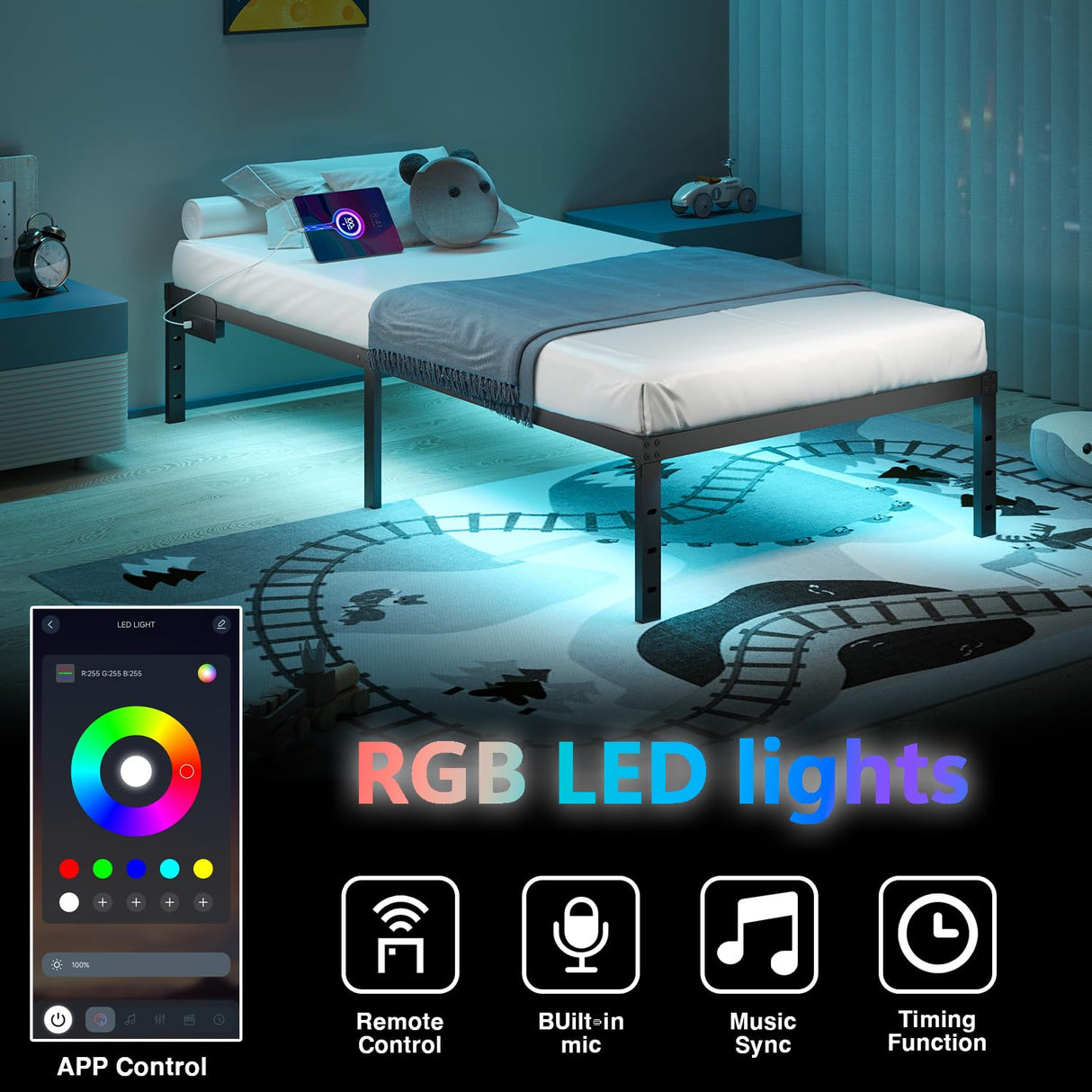 HAVONIZD Twin Bed Frame with LED Lights & Charging Station - 14 Inch Heavy Duty Metal Platform Bed Frame No Box Spring Needed, Easy Assembly, No Noise HAVONIZD