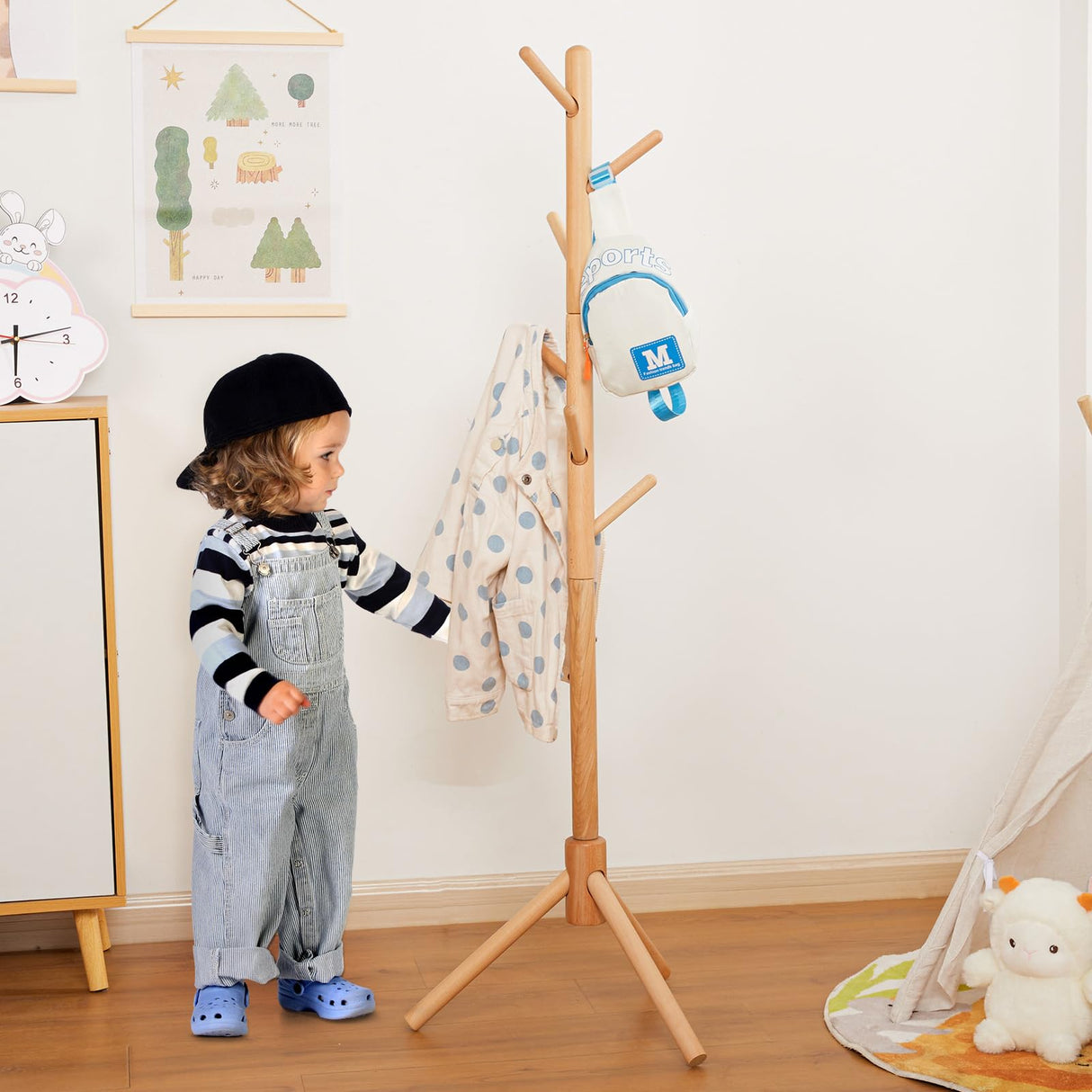 Cozivolife Kid's Coat Rack Stand Beech Wood Clothes Tree, Height Adjustable Freestanding Child Jacket Holder with 9 Hooks, Hanging Hats and Handbags, Hallway, Entryway,Bedroom, Easy Assembly (Natural) Cozivolife