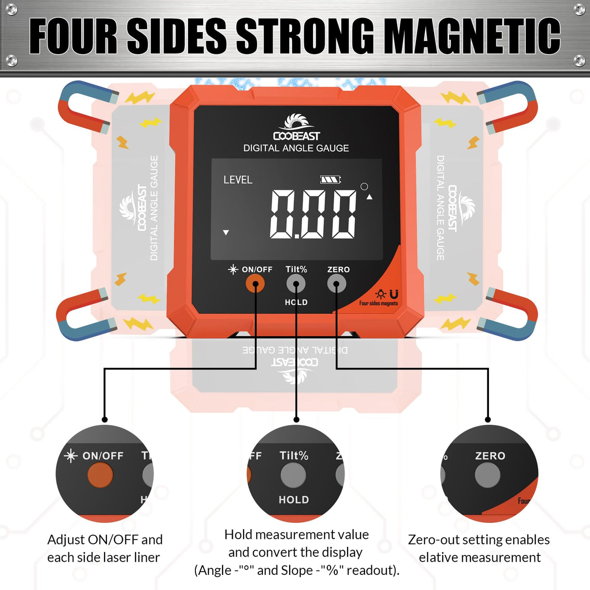 Coobeast Digital Angle Finder Magnetic, Rechargeable Digital Angle Gauge, Mini Protractor Angle Finder Measuring Tool for Woodworking Tablesaw(Laser Level is Class II, Output<5mW), Gift for Men coobeast