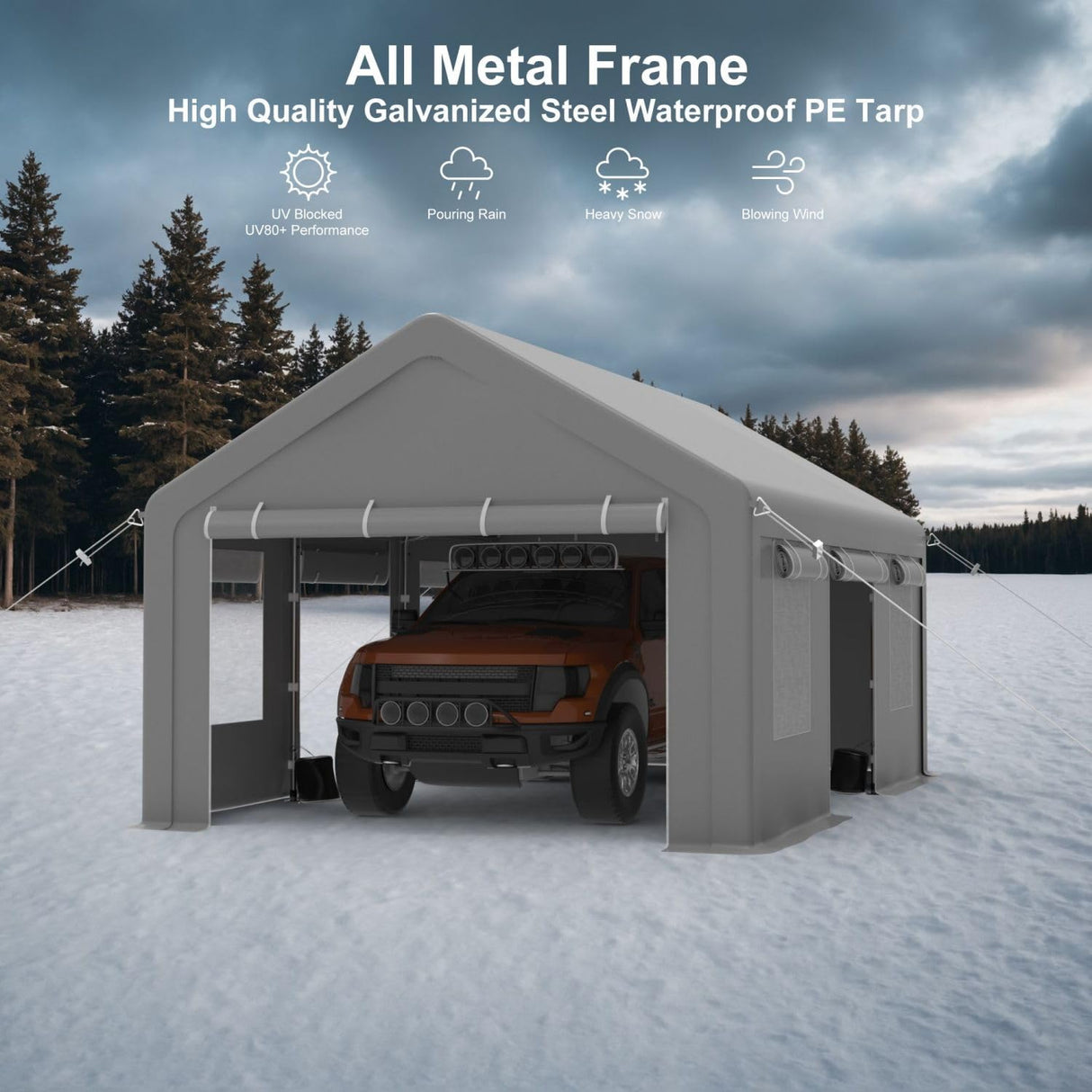 10x20FT Carport, Heavy Duty Carport with Roll-Up Sidewall and Ventilated Windows with Removable Sidewalls, 180g Pe Waterproof Canopy, All-Season Outdoor Portable Garage for Pickup Truck Boat SUV OutdoorVibe